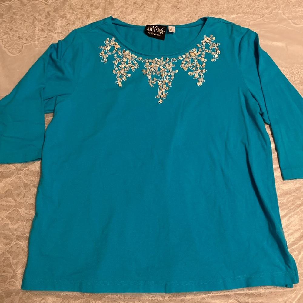 Bob Mackie Wearable Art Turquoise Long Sleeve Top with White Beaded Details